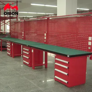 Red Iron Work Bench With Two Drawers For Garage