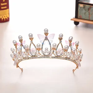 Grosir tiara amazon-Butterfly Pearl Crown Beaded Handmade Golden Queen Wedding tiara Birthday Cake Decoration Headwear Amazon hot