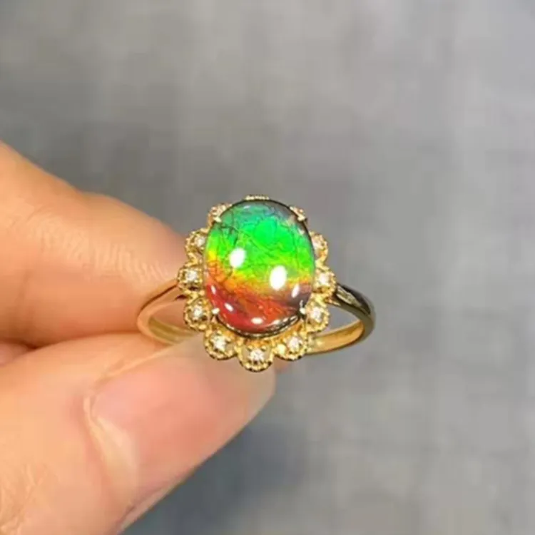 18 k सोने दक्षिण अफ्रीका असली हीरे की प्राकृतिक ammolite अंगूठी महिलाओं के लिए कनाडा से ब्राजील के सोने के गहने थोक