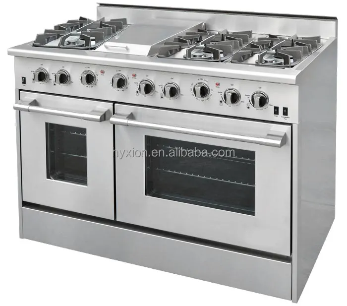 Hyxion residential 48 inch gas range with double oven and griddle