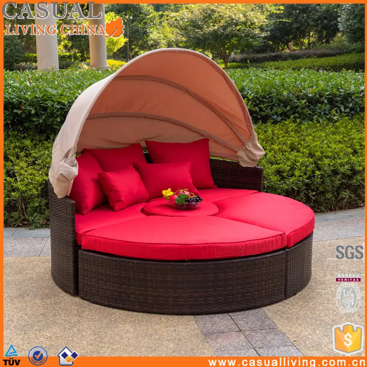 2-in-1 Poly Rattan Sofa Sunbed Round Outdoor Furniture Set with Retractable Canopy Brown