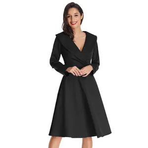 Clochette — robe longue noire rétro, tenue Vintage, manches longues, col à revers, évasée, forme trapèze, couleur unie, noir, BP000402