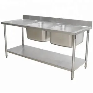 不锈钢餐厅定制水槽工作台用于商业厨房项目2格水槽桌工厂