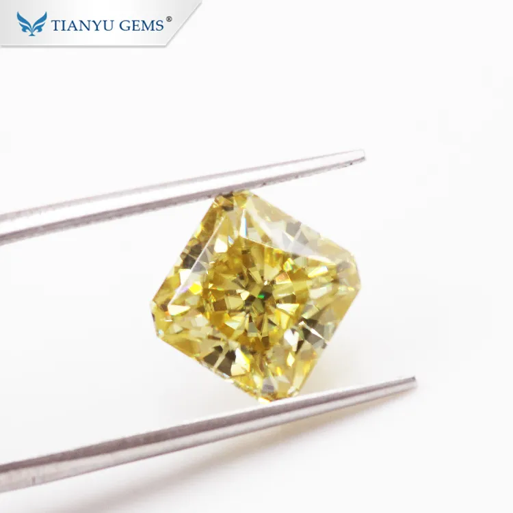 Persegi Modifikasi Cemerlang Pecahan Es 9*9Mm Berlian Moissanite Kuning Sintetis