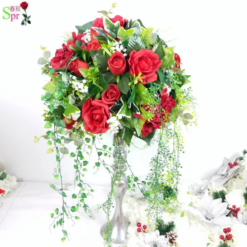 SPR 40CM rojo con verde colgante Arreglos para bodas centro de mesa de bola de la flor de fiesta y casa de decoración