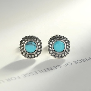 CZCITY ต่างหูสตั๊ดสีเทอร์ควอยซ์ของผู้หญิง,ต่างหูสีดำเงินไทยสไตล์วินเทจ - Product Image 4