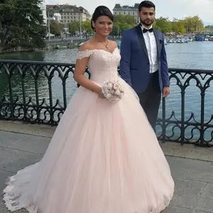 NE328 Light <strong>Pink</strong> Charming Tulle Off the Shoulder Ball Gown <strong>Wedding</strong> <strong>Dresses</strong> Lace up Floor-Length Bride <strong>Dresses</strong> - Product Image 1