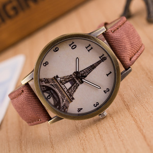 British wind denim vintage watches Digital student leisure bronze antique watch with Eiffel Tower