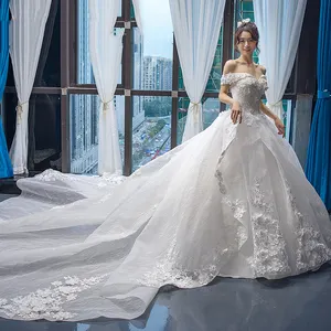 RSM66683 Gaun Pengantin Renda Putih Elegan, Gaun Pesta Dansa Pernikahan Elegan Bahu Terbuka