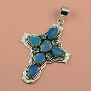 Pendentif en pierres précieuses en argent sterling 925, pendentif en pierres précieuses en opale bleue naturelle, bijoux en pierres précieuses en argent antique - Product Image 1