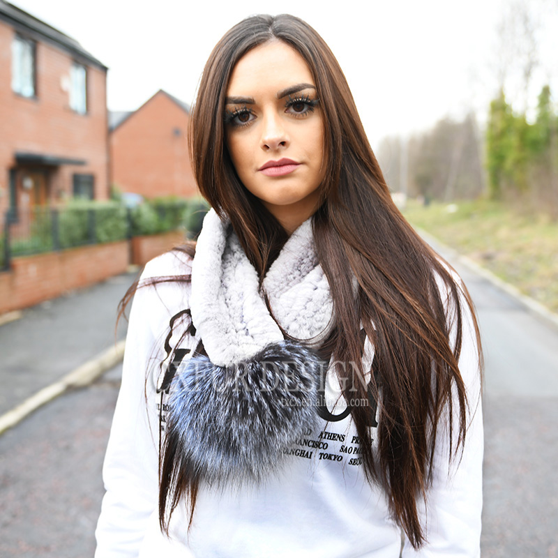 CX-S-80F женские натуральная вязаный мех кролика рекс шарфы с помпоном из лисиного меха