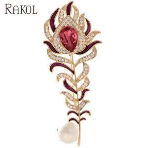 Rakol APB1037珠宝优雅红色钻石孔雀羽毛镀金锆石珍珠胸针