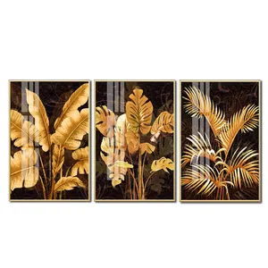 现代艺术画廊墙壁装饰亚克力织物帆布金色抽象叶子画数字印刷墙壁艺术