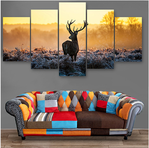 Décoration murale moderne à 5 panneaux pour le salon Impression numérique d'animaux de cerf encadrés sur toile Impression numérique moyenne à l'huile - Product Image 2