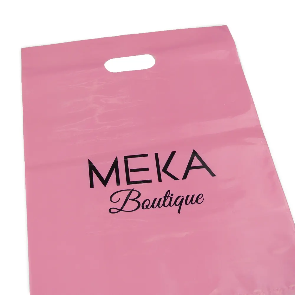 गर्म बेच सस्ते कस्टम लोगो मुद्रित पुन: प्रयोज्य foldable संभाल गुलाबी शॉपिंग मेलिंग बैग मर कट प्लास्टिक कैरी बैग