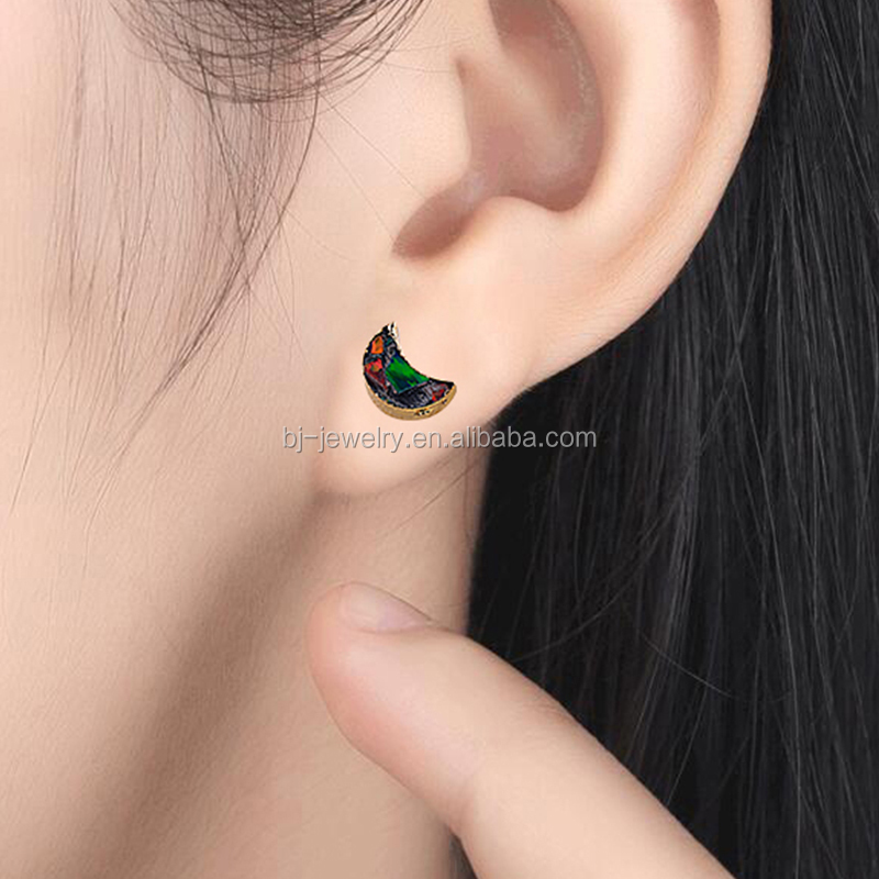 Nuevo diseño de moda Luna forma druzy piedra oro Stud mujeres pendiente joyas