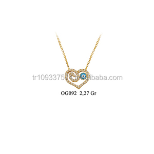 Collier à breloques en or massif 14K, mauvais yeux, amour, cœur, délicat, léger, cubique, Zircon, cœur, vente en gros, or véritable, de turquie, nouveau - Product Image 1