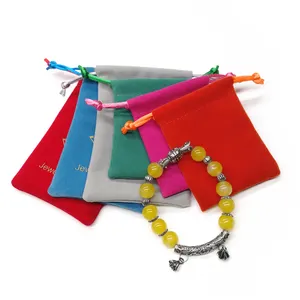 Bolsa colorida de joias de veludo estampada, logotipo personalizado, com cordões duplos