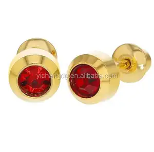 Red Round Crystal Bezel Screw Back Gold Plated 18k Kids Baby Girls Earrings 4mm, New Baby Earrings