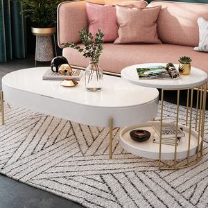 Bàn Nâng Bên Hông Khung Kim Loại Màu Vàng Khung Hình Bầu Dục Thiết Kế Bắc Âu Có Thể Di Chuyển Bàn Cà Phê Hiện Đại Màu Trắng Độ Bóng Cao - Product Image 1