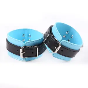 Leather blue wrist bondage with adjustable Sex Toy handcuff and ankle cuff For couples