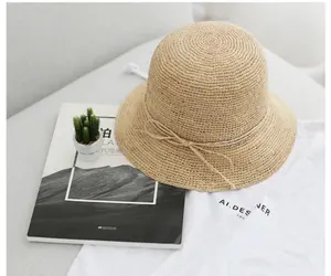Hot koop custom plain raffia stro emmer hoed cloche hoed zonnehoed met strik lint
