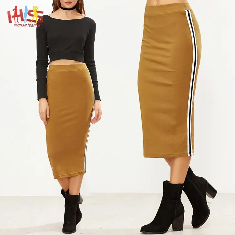 Gambar Wanita Mustard Sisi Bergaris Panjang Midi Pensil Rok Wanita