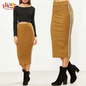 Pictures of Ladies Mustard Side Striped Long Midi Pencil Skirts Women