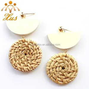 Trendy trigon cornstalk earring wheat straw braid dangler nature handcraft hollow hoops er12523