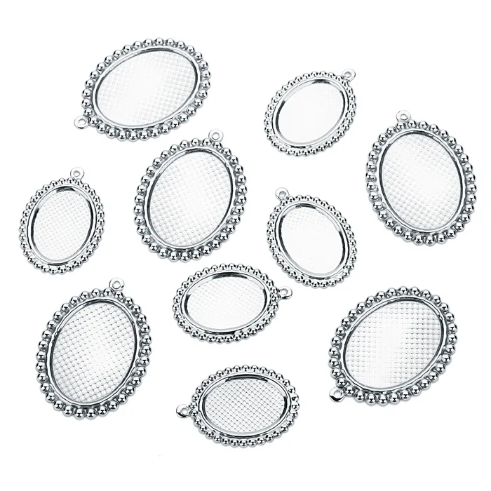 Colar oval de aço inoxidável, colar de pingente cabochão, base de camafeu, configuração em branco, configurações de cabochão, 10 peças