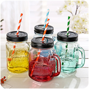16.5oz 480ml <strong>Square</strong> Glass Drinking Jelly <strong>Jar</strong> with Metal Straw Spice Storage <strong>Jar</strong> Vintage Design INS Hot Colorful <strong>Mason</strong> Cup - Product Image 1