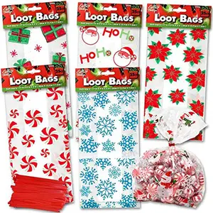 Christmas Cellophane Bags 150 Pack With Twist Ties Holiday Favor Treat Gift Goodie Cello Bags For Party Candy Cookies
