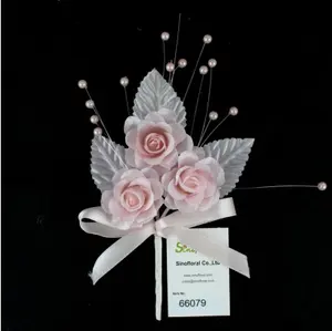 Tecido rosa flores favores picaretas pérolas elegante de cetim fitas 66079 folhas de seda pequeno buquê de casamento Bomboniere festa de aniversário