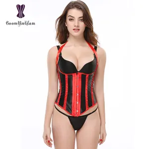 Women Sexy Underbust Basques Corsets Plus Size Bustier Halter Stripe Corset With G String