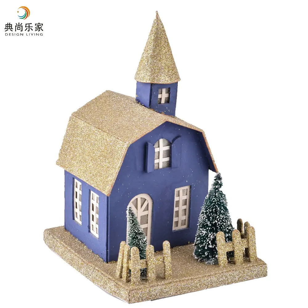 A Forma di casa Ornamenti Di Natale Glittering Oro Blu Case Villaggio di Carta A Buon Mercato