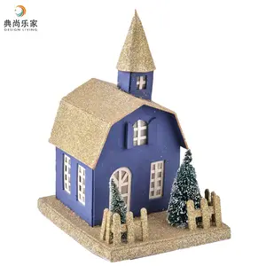 房子形圣诞饰品闪闪发光的蓝色黄金便宜的纸村房子
