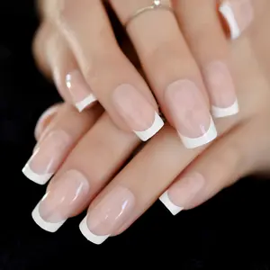 Naturel Beige Nude Forme Carrée Ongles Blanc Français Faux Ongles Couverture Complète Manucure faux ongle Gel Faux Ongles pour le Bureau