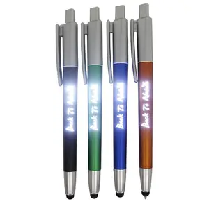 Fosforlu tıbbi promosyon yeni metal renk değişimi Led logo ışığı top kalem ile stylus kalem ışık oyma logo