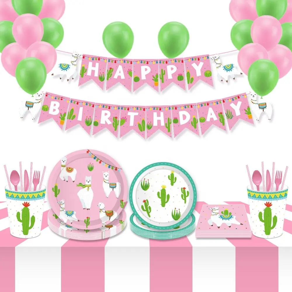 Huancaiラマテーマパーティー用品使い捨て食器セット紙皿カップナプキン子供の誕生日パーティーの装飾女の子のための