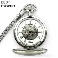 Özel Logo cep saati Romen Rakamları Dial Mekanik Paslanmaz Çelik İskelet cep saati es Zinciri