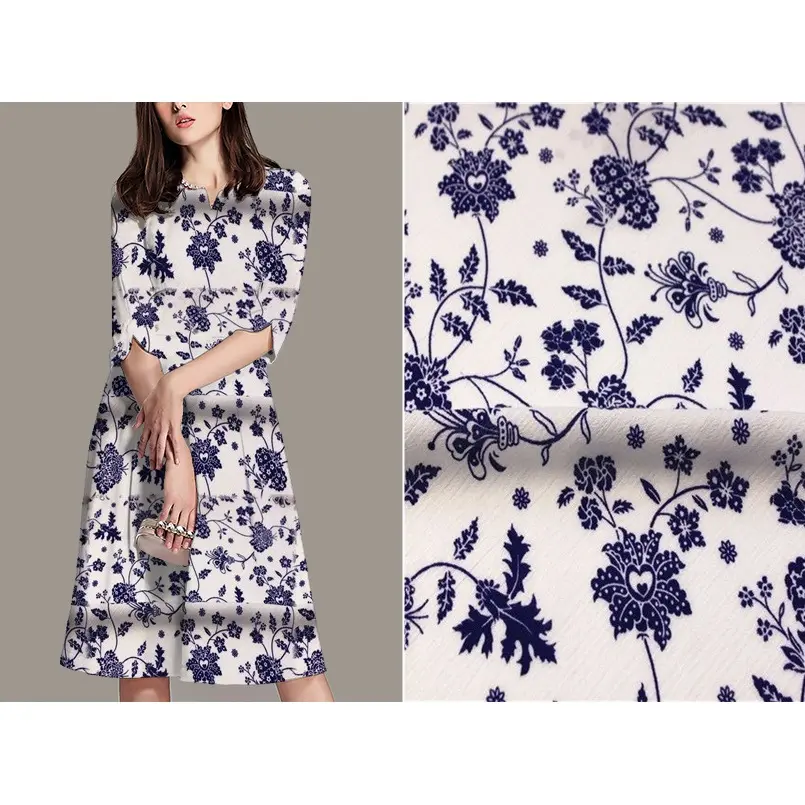 Tela de rayón con estampado de indigo, tejido de punto para vestido, novedad, 100%