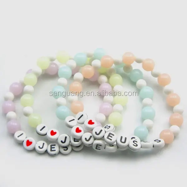 round rosary bracelet with inscription I heart jesus , I love Jesus plastic rosary bracelet