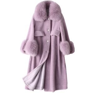 Cappotto in <span class=keywords><strong>Pelle</strong></span> <span class=keywords><strong>di</strong></span> Pecora Tosata con Collo in Vera Pelliccia <span class=keywords><strong>di</strong></span> Volpe, Colore Personalizzabile, Caldo Cappotto Invernale per Donna in Vera Pelliccia <span class=keywords><strong>di</strong></span> Pecora - Product Image 1