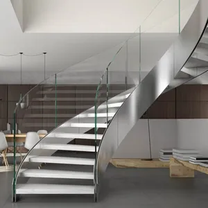 Stainless steel glass balustrade wood step curved stair price