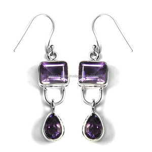 Pendientes de Plata de Ley 925 para mujer, joyería de piedras preciosas indias con estilo, pendientes de piedras preciosas de amatista, pendientes de aro finos chapados en plata - Product Image 1