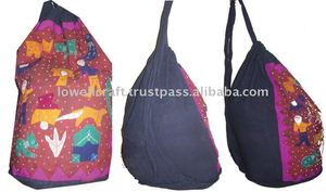 Lowellcraft Bohemian Hip-Hop Cotton <b>Drawstring</b> <b>Backpack</b> with Geometric Pattern for Travel Female Softback Bag Air Cushion Belt - Product Image 2