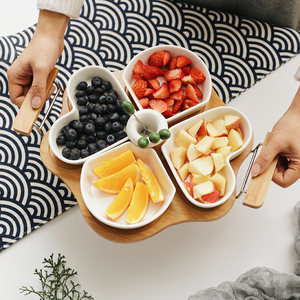 Plateau à fruits en bambou avec poignée, 4 compartiments, <span class=keywords><strong>assiette</strong></span> à Snack en <span class=keywords><strong>bois</strong></span> pour Dessert ou salade, offre spéciale - Product Image 3