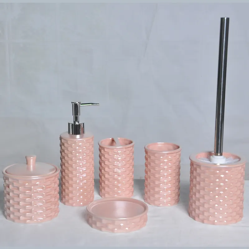 Promotional pink ceramic bathroom sets, toothbrush holder home decoration accessories