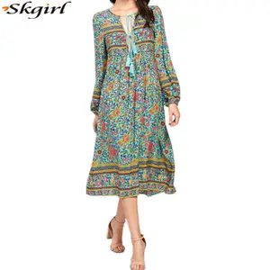 Multicolor Boho Midi Dress Floral Kasual Wanita Gaun Bohemian