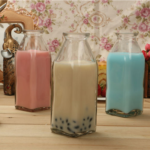 350ml Soda lime material Square Juice Milk glass bottle with cork lid